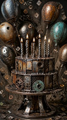 a birthday cake with lit candles surrounded by balloons and confetti, festive vertical composition, no text