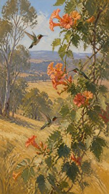a climbing vine of flowers and hummingbirds on a dark background, tall wrapping composition, no text