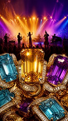 a live music scene with a glowing stage and silhouetted crowd, energetic vertical composition with open space at the top, no text