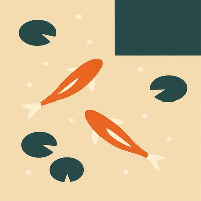 A koi pond seen from above, orange and white koi fish swimming among lily pads, clear water with subtle ripples, fallen cherry blossom petals floating on the surface, dappled sunlight