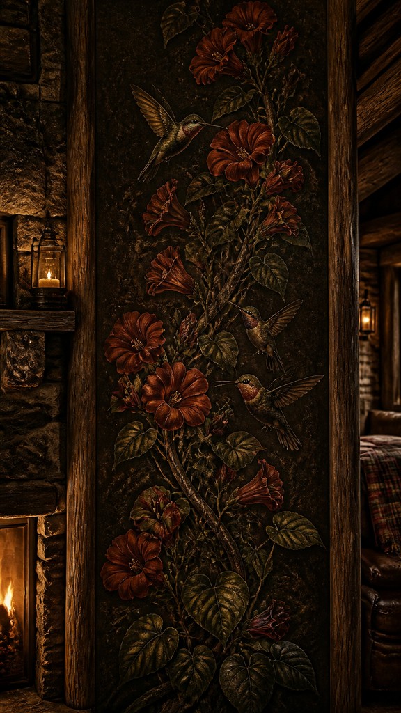 a climbing vine of flowers and hummingbirds on a dark background, tall wrapping composition, no text