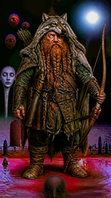 full-body original character: a dwarven ranger with a braided auburn beard, worn leather armor, a longbow and a wolf-pelt cloak, neutral background, no text