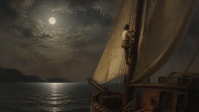 a ship with sails on a moonlit sea with a sailor climbing up the mast 