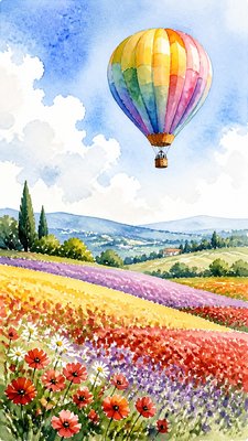 a hot air balloon drifting over rolling flower fields on a sunny day, cheerful, no text