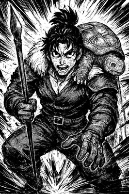 a black and white drawing of a man with a sword