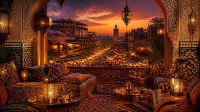 bustling city street panorama at dusk