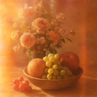 still life arrangement of fruits and flowers