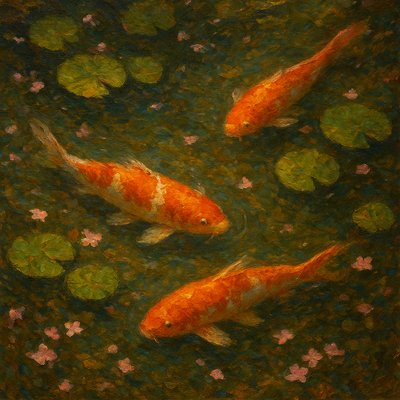A koi pond seen from above, orange and white koi fish swimming among lily pads, clear water with subtle ripples, fallen cherry blossom petals floating on the surface, dappled sunlight