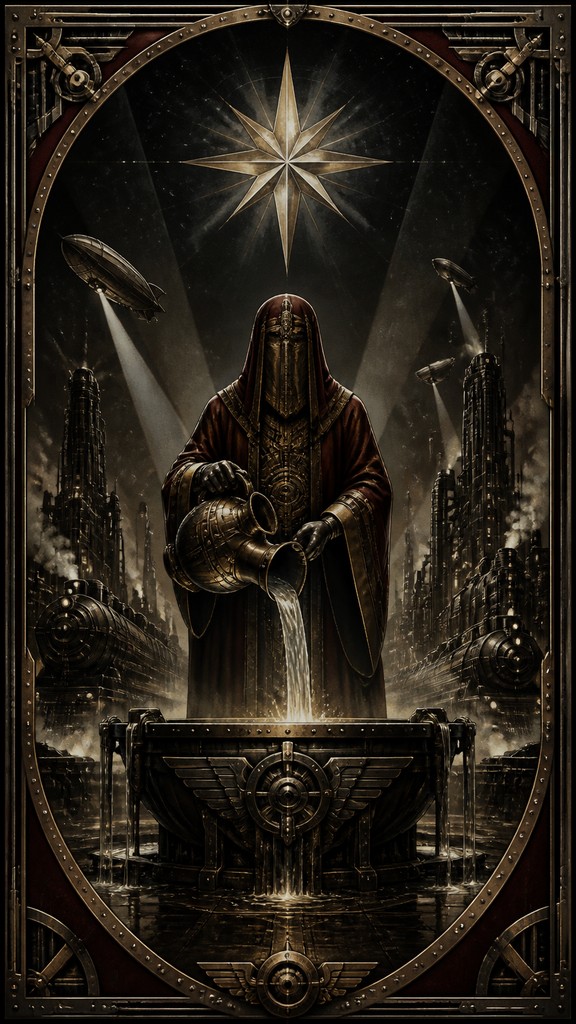 a robed figure pouring water beneath a large eight-pointed star in a night sky, symmetrical composition with an ornate decorative border, no text