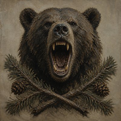 a roaring bear head above crossed pine branches, bold graphic composition on a plain background, no text