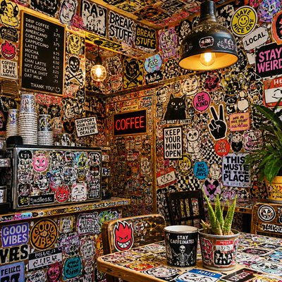 cozy cafe interior with warm lighting