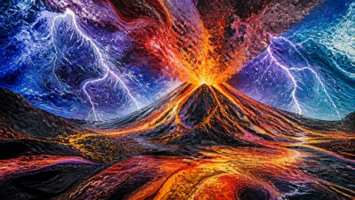 an erupting volcano with lightning strikes, dramatic wide composition, no text