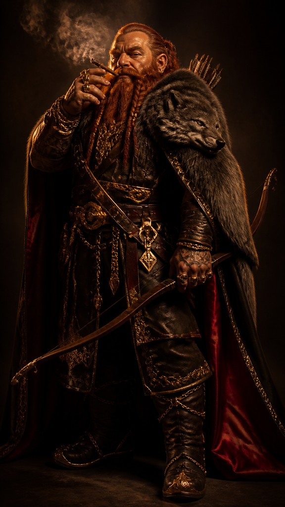 full-body original character: a dwarven ranger with a braided auburn beard, worn leather armor, a longbow and a wolf-pelt cloak, neutral background, no text