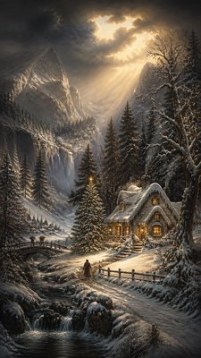 a snow-covered cottage with warm glowing windows beside a decorated pine tree, gentle snowfall, no text