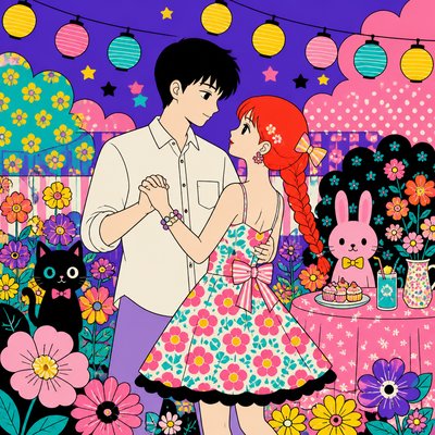 an original couple dancing under string lights in a garden at dusk: a man with short black hair in a linen shirt and a woman with braided red hair in a summer dress