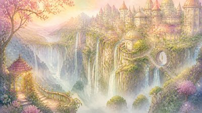 a cliffside city with waterfalls cascading into a misty canyon, wide establishing shot, no people, no text