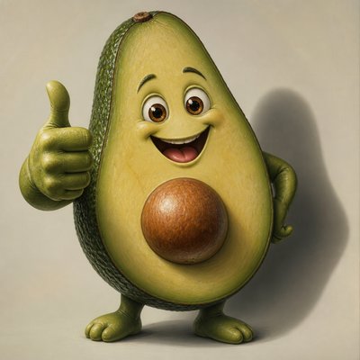 a happy avocado character giving a thumbs up, bold readable design on a plain background, no text