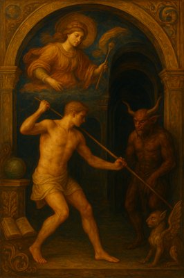 a painting of a man being attacked by a demon