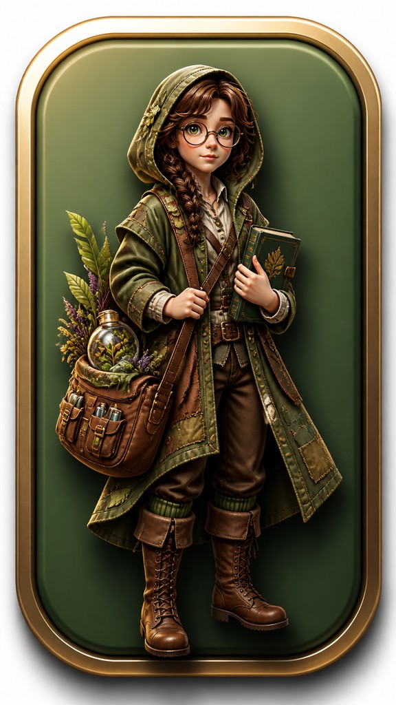 full-body original character: a wandering botanist with a satchel of plants, a patched green cloak, tall boots and round glasses, neutral background