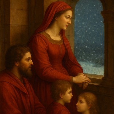 Renaissance Painting, a noble woman of Proverbs 31, standing at the window of a warm, well-lit stone home clothed richly in scarlet. She looks out at a heavy, beautiful snowstorm with a look of peace and calm resolve. Her children and husband are in the foreground, richly and completely clothed in scarlet wool. Focus on the detailed texture of the scarlet fabric, the warm contrast of the interior light against the cold blue snow outside, and a majestic, dignified atmosphere. 