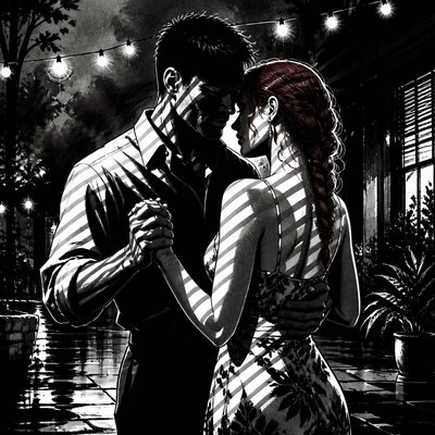an original couple dancing under string lights in a garden at dusk: a man with short black hair in a linen shirt and a woman with braided red hair in a summer dress