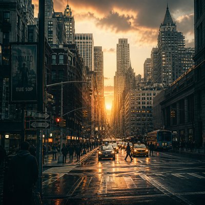 urban street with city activity — Matte Painting Digital Art Style