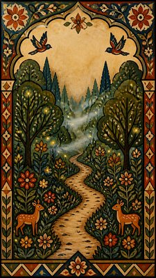 a mysterious forest path with fireflies and drifting mist, atmospheric vertical composition with open space at the top, no text