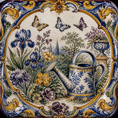a garden scene with butterflies, flowers and a watering can, clean uncolored line art, no text