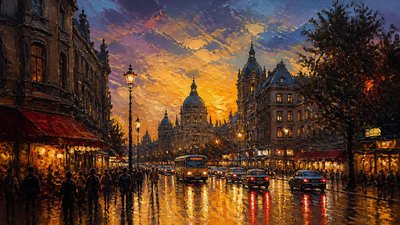 bustling city street panorama at dusk