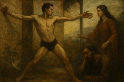 a painting of a man standing next to a woman