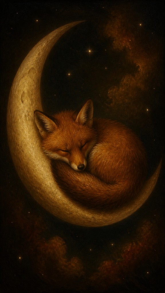 a sleeping baby fox curled on a crescent moon among soft stars, gentle and warm, no text