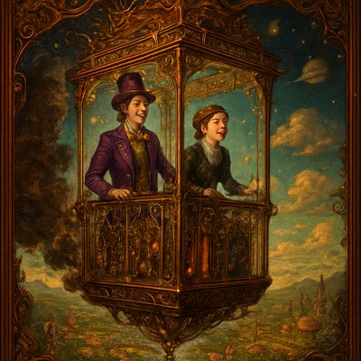 An awe-inspiring and whimsical scene featuring Willy Wonka's Great Glass Wonkavator, soaring through the sky and beyond the confines of the chocolate factory. The Wonkavator itself is a magnificent, multi-directional glass elevator, transparent and sparkling, with Willy Wonka (wearing his iconic top hat, purple coat, and bowtie) and a young happy Victorian well dressed lady looking out with expressions of wonder and excitement. The interior is filled with intricate buttons and levers for controlling its magical flight. The Wonkavator is depicted in mid-flight, perhaps bursting through the factory roof or ascending above the clouds. Below it, the fantastical landscape of the Chocolate Factory is visible – chocolate rivers, edible gardens, candy cane trees, and various whimsical buildings. Beyond the factory, a stunning, imaginative sky unfolds, perhaps with floating candy clouds, distant fantastical landmarks, or even glimpses of outer space and planets. The lighting is bright and magical, emphasizing the glass's transparency and the vibrant colors of the world below and beyond. The overall mood is one of boundless adventure, limitless possibilities, and pure, joyful fantasy."
