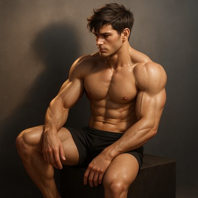 a shirtless man sitting on a stool posing for a picture