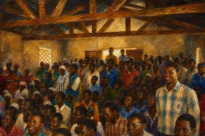 a painting of a crowd of people in a building