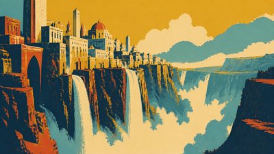 a cliffside city with waterfalls cascading into a misty canyon, wide establishing shot, no people, no text