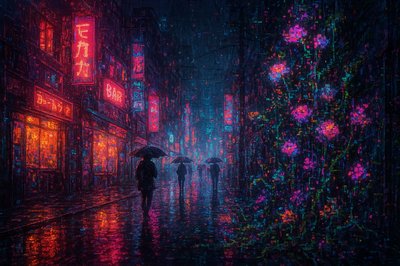 A rainy city street at night, neon signs reflecting on wet pavement, umbrellas, glowing shop windows, cinematic atmosphere
