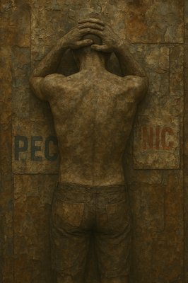 a statue of a man covering his face with his hands