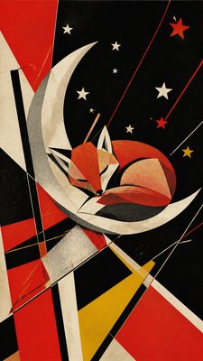 a sleeping baby fox curled on a crescent moon among soft stars, gentle and warm, no text