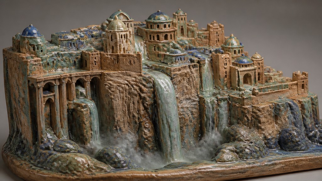 a cliffside city with waterfalls cascading into a misty canyon, wide establishing shot, no people, no text