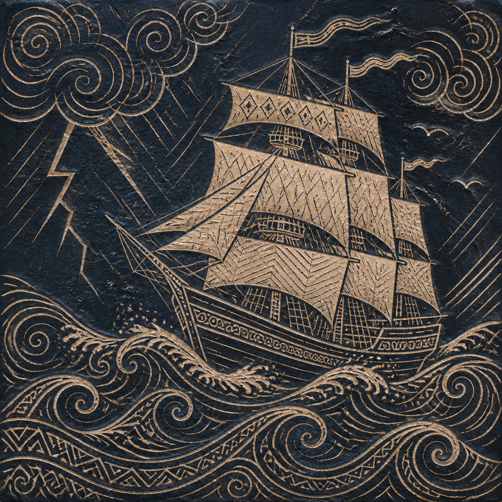 sailing ship on a stormy sea — Sgraffito Art Style