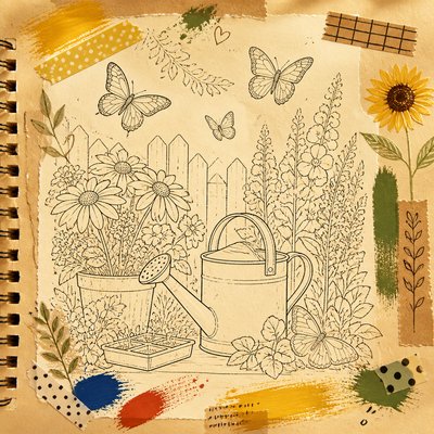 a garden scene with butterflies, flowers and a watering can, clean uncolored line art, no text