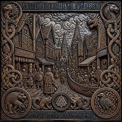 urban street with city activity — Viking Art Style