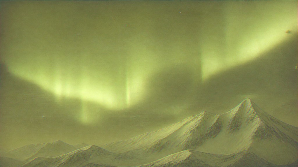 a flowing aurora over snowy peaks, wide sweeping composition, no people, no text