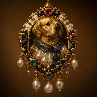 portrait of a golden retriever wearing a blue bandana, warm plain backdrop, no text