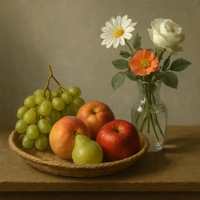 still life arrangement of fruits and flowers