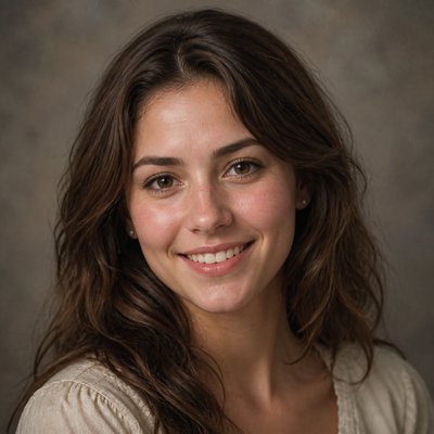 head-and-shoulders portrait of an original character: a young woman with wavy chestnut hair and a warm smile, plain soft backdrop