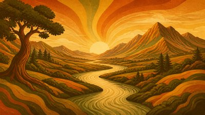 a vast valley with a river winding toward distant mountains at sunrise, no people, no text