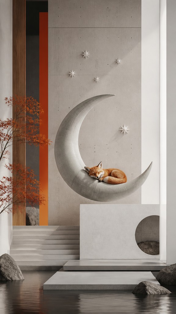 a sleeping baby fox curled on a crescent moon among soft stars, gentle and warm, no text