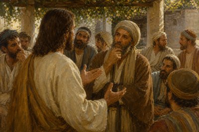 “And one of the scribes came up and heard them disputing with one another, and seeing that he answered them well, asked him, “Which commandment is the most important of all?” Jesus answered, “The most important is, ‘Hear, O Israel: The Lord our God, the Lord is one. And you shall love the Lord your God with all your heart and with all your soul and with all your mind and with all your strength.’ The second is this: ‘You shall love your neighbor as yourself.’ There is no other commandment greater than these.” And the scribe said to him, “You are right, Teacher. You have truly said that he is one, and there is no other besides him. And to love him with all the heart and with all the understanding and with all the strength, and to love one’s neighbor as oneself, is much more than all whole burnt offerings and sacrifices.” And when Jesus saw that he answered wisely, he said to him, “You are not far from the kingdom of God.”  Jesus stands among His disciples in a shady patio area outdoors talking to this scribe.  His disciples wonder at the exchange.  Several of them are also engaged in conversations set around the one Jesus is having.  We see Jesus from the left rear quarter, where we can see only the back of His head and the side of his face.  His hands are expressing His point.  The scribe to whom He speaks has a poignant, thoughtful expression.