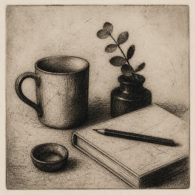 still life with everyday objects — Drypoint Print Style